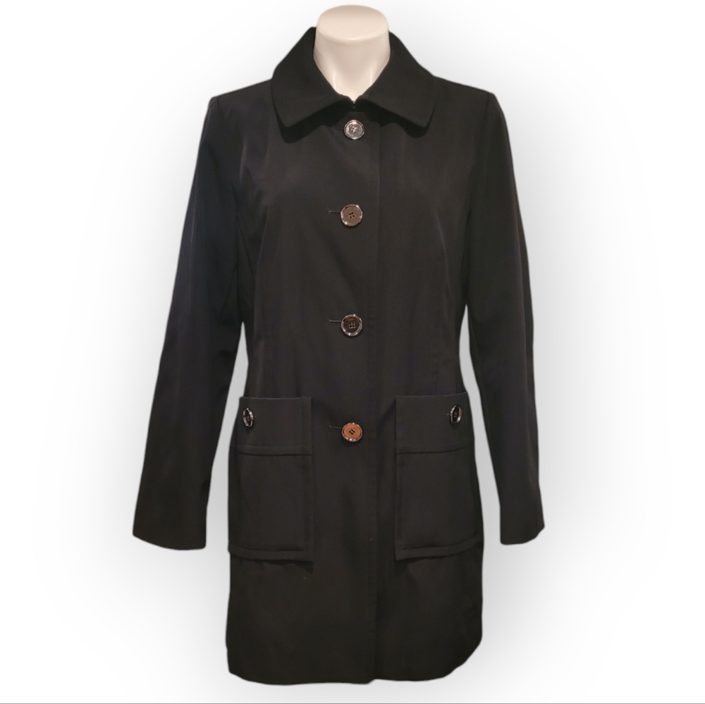 Anne Klein Womens Medium Black Button Down Trench Coat